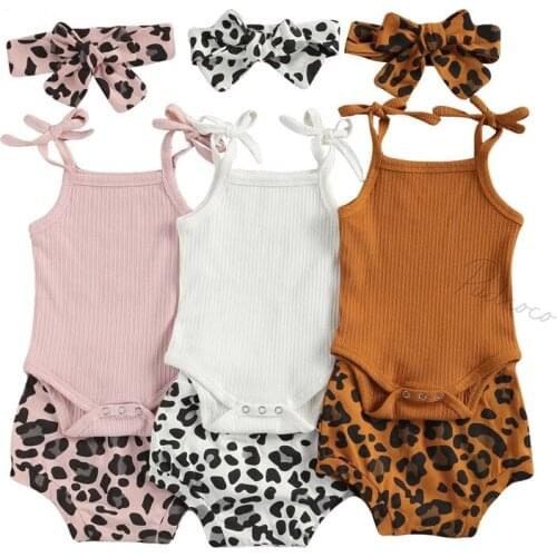 Infant Newborn Baby Girls 3 Pcs Outfits Suits, Sling Tank Tops Ribbed Romper Tops + Leopard Shorts + Headband Sets