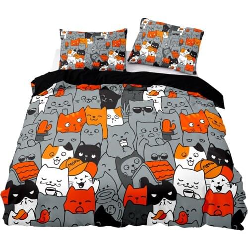 Cartoon Style Happy Cat Pattern Duvet Cover Set With Pillowcase,173x218 Quilt Cover,228×228 Blanket Cover,High Quality Bedding