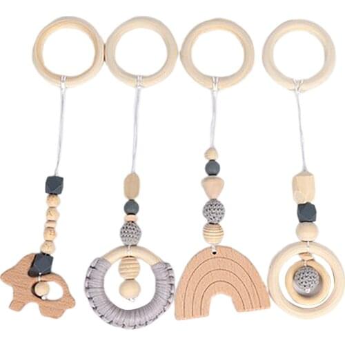 4pcs Kid Play Gym Frame Wooden Beech Activity Gym Frame Stroller Hanging Pendants Toys Teether Ring Nursing Rattle Room Decor