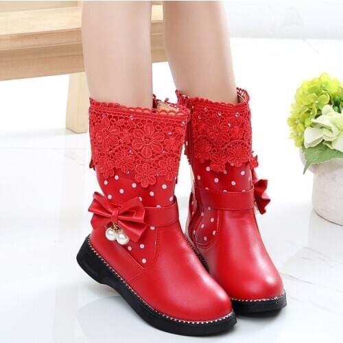 JGSHOWKITO Girls Boots Warm Cotton Kids Fashion Boots Children Winter Shoes For Girls Snow Boots PU Leather Lace Bow-knot Sweet