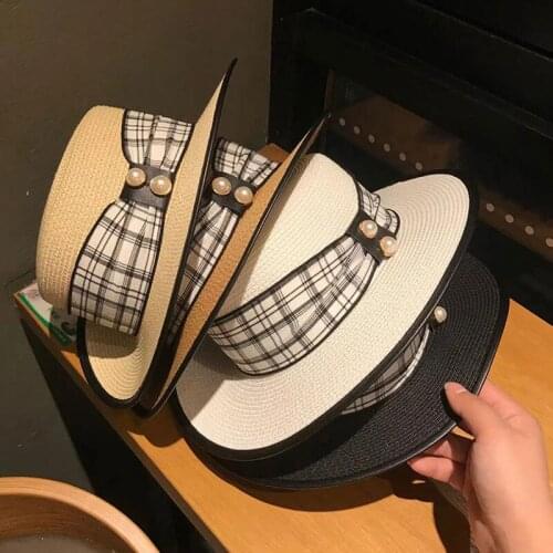 Elegant Pearl Lattice Streamer Straw Hat Female Summer Korean Style Beach Big Brim Casual Flat Top Sun Hat Basin Hat Chapeu New