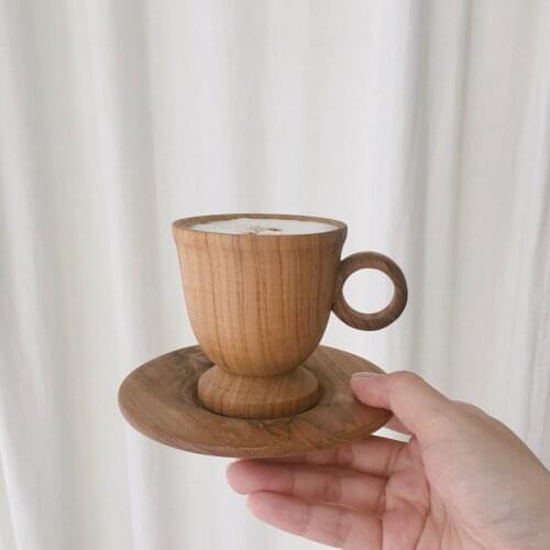 Vintage Wood Coffee Cup Set Korean Chic Teak Wooden Tea Mug Milk Drink Cups Espresso Cup with Plate Reusable Cup Drinkware 150ml