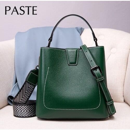 Hot Sale All-match Bucket Bag Designer Green Brown 100% Real Leather Women Shoulder Bag Wide Straps High Quality Small Tote 19cm