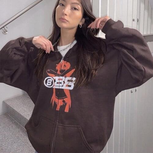 Gothic Zip Women Korean Style Hoodies Vintage Solid Brown Long Sleeve Oversized Hooded Sweatshirt Y2K Casual Large Coats Female