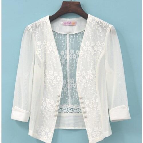 Women New 2020 Summer Thin Lace Shirt Female Sunscreen Chiffon Blouse Three Quarter Sleeve Hollow Cardigan Camisas Mujer G322