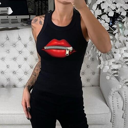 Womens Casual Sequins Red Lip Vest Sleeveless Flared T-shirts 2021 Vintage Creativity Zipper Lips Plus Size T-shirt #T2P