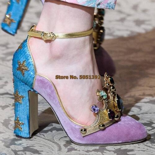 Women High Chunky Heel Pumps Jewelry Retro suede luxury gemstone crown blue sequins star heels rhinestone Square Heel Bling