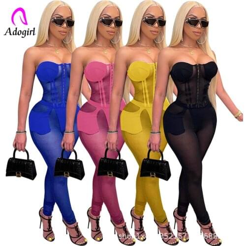 Off Shoulder Women Romper Corset Patchwork Solid Skinny Jumpsuit 2021 Autumn Sexy See Through Night Club Party One Piece Outfits