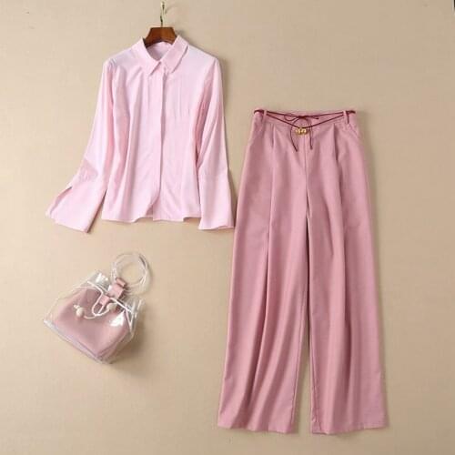 High Quality Womens Set 2021 Spring Summer Ladies Turn-down Collar Split Sleeve Pink Button Shirt+String Belt Wide Leg Pant Set