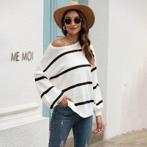 2020 New Autumn Winter Knitted Sweater Women Thin O-neck Striped Pullovers Sweater Top Office Lady