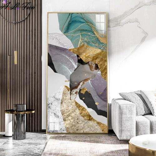 Abstract black white orange gold foil background wall decoration painting vertical version light luxury Modern minimalist large