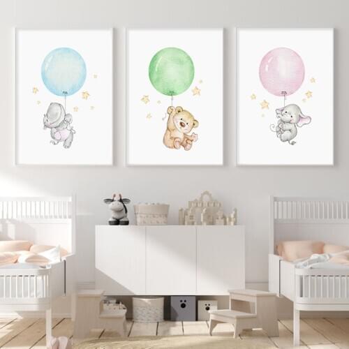 Air Balloon Fly Bear Elephant Hippo Baby Canvas Paintings Wall Art Poster Prints Pictures for Kids Bedroom Home Decor No Frame