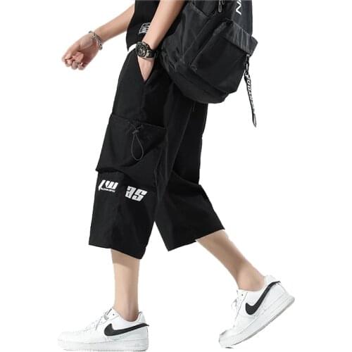 Mens Calf-Length Cargo Pants 2021 Summer Side Pockets Joggers Hip Hop Streetwear Trousers