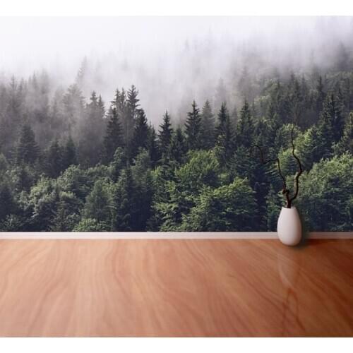 Mountain Foggy Forest Canvas Photo Wallpaper Wallcovering Forested Mountain Slope In Low Lying Cloud with The Evergreen Custom