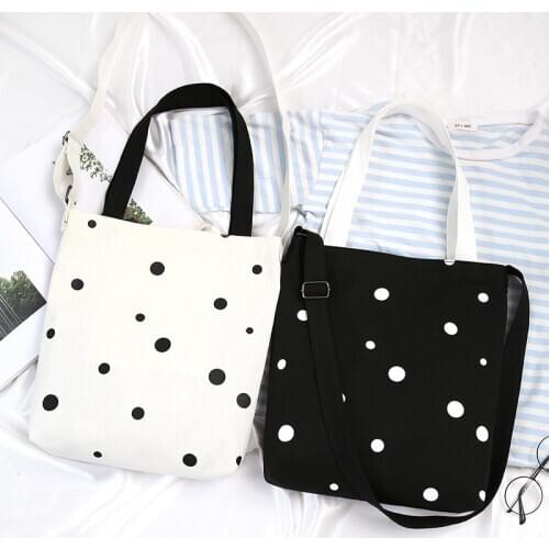 Black white dot art shoulder canvas bag student cloth bag portable Korean ins canvas bag women bag