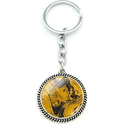 JWEIJIAO Fashion Golden Texture Pattern New Cabochon Glass Pendant Keychain Round Glass Gemstone Keychain Metal Jewelry
