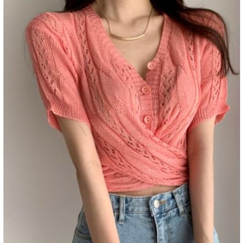 Summer New 2021 Korean Fashion Casual Thin Short Sleeve Knitted Tshirts All Match Slim Cardigan For Women Hollow Out Top Femme