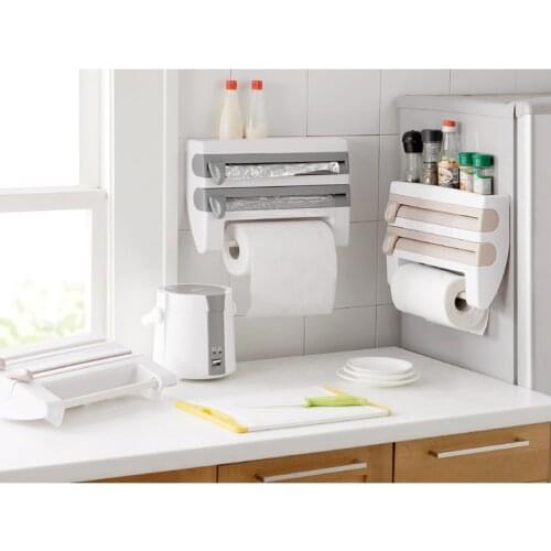 Kitchen 3-layers Plastic Wrap Cutter Dispensers Wall-Mount Cling Film Fresh-keeping Bag Aluminum Foil Paper Towel Storage Racks