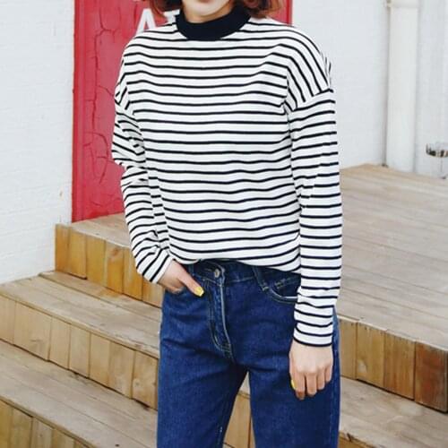 Fashion Women Tshirt Long Sleeve O Neck Pullover Horizontal Stripes Loose Top Plus Size T-Shirt Women