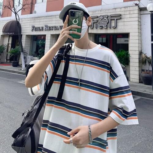2021 Vintage Style Mens Striped T-Shirt Summer Loose Harajuku Minimalist Short-Sleeved T-Shirt High Quality Comfortable Clothes