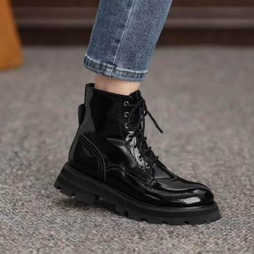 2021 new Genuine Leather Round Toe Chunky Heel Women Boots Lace-up Female Boots ANKLE Boots Platform Shoes Women Shoes