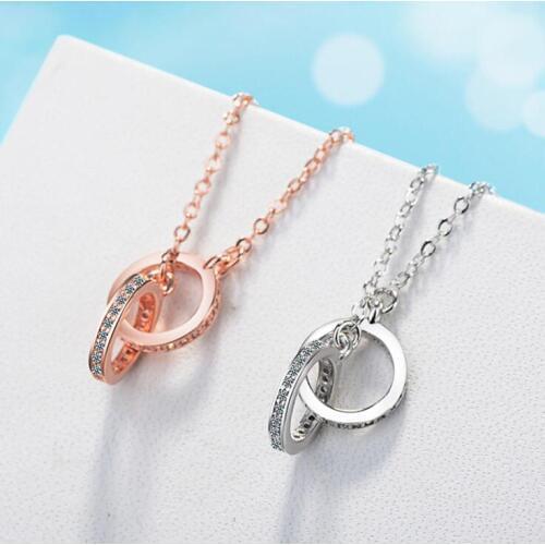 Lovers' Double Round Circle Pendant Necklace Silver Plated Trendy Necklace Zircon Jewelry Accessory for Women Girls Gift