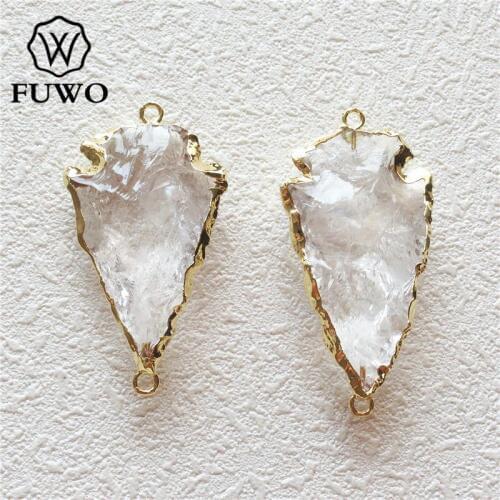FUWO Clear Quartz Arrowhead Connector Pendant With 24K Gold Color Plated Edge Fashion Rough Quartz For Bracelets Making PD158