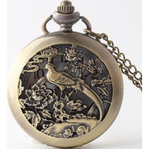 Hot Sell Bronze Hollowed Bird and Flower Flip Quartz Pocket Watch Men and Women Christmas Gift Watch 50pcs/lot Wholesale