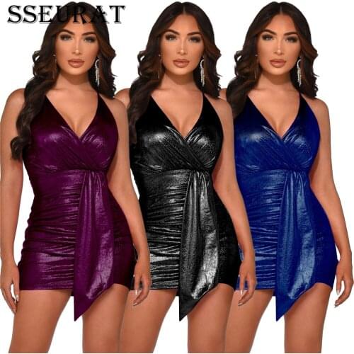 SSEURAT Women Dress Solid Sleeveless Spaghetti Strap V-neck Shirring Sheath Elastic Mini Dresses Sexy Night Club Dress Summer