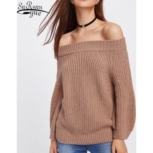 European and American New Solid Color Horizontal Neck Long Sleeve Womens Sweater Winter Sexy Womens Knitwear Pullover 11627
