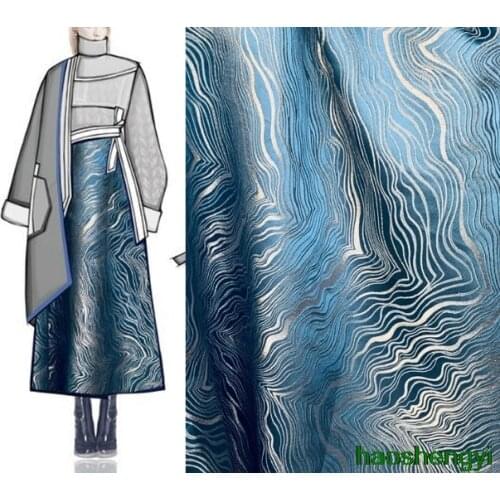 High quality blue modern fashion heavy industry wave pattern three-dimensional jacquard gloss texture fashion fabric