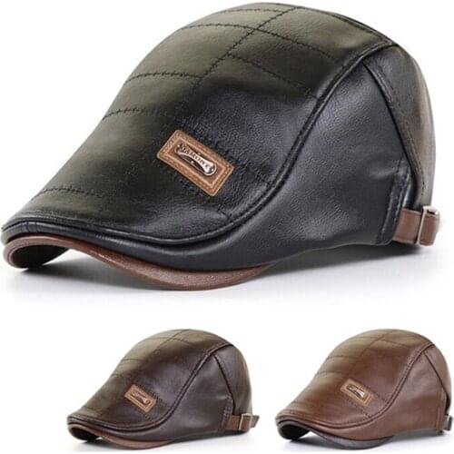 High Quality Men Beret Hat Real Leather Flat Cap Sheepskin Autumn Winter Male Brown Adjustable Mens Beret Cap