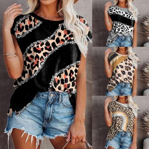 Summer Women T-shirt Color Block Leopard Print Women Plus Size Short Sleeve Street Style