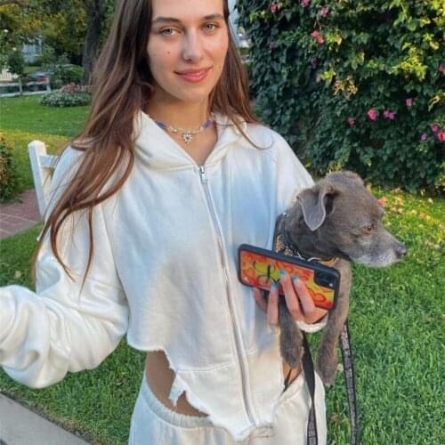 Women Spring Hoodie, Solid Color Hooded Long Sleeves Zipper-Open Sweatshirt with Irregular Hem for Girls, Beige/Black