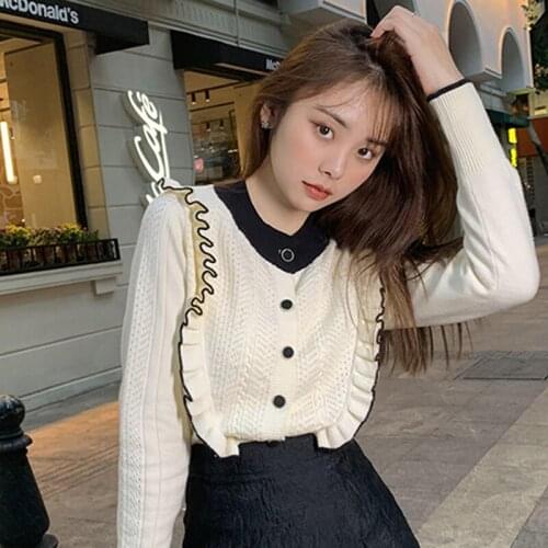 Small fragrant button color matching ruffled Cashmere knitting long-sleeved sweater womens round neck bottoming shirt top