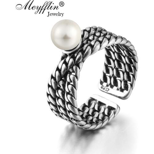 Meyfflin Rings for Women Anel Bague Femme 2020 Vintage Jewelry Imitation Thai Silver Simulated Pearl Anillos Twist Chain Pattern