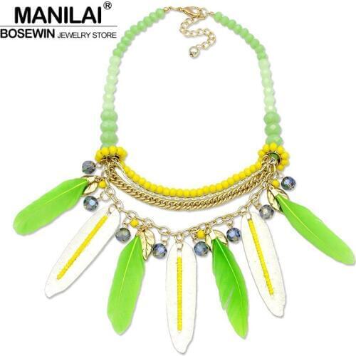 MANILAI Chic Indian Necklace Women Crystal Bead Alloy Leaves Feather Choker Statement Necklaces & Pendants Maxi Jewelry CE3881