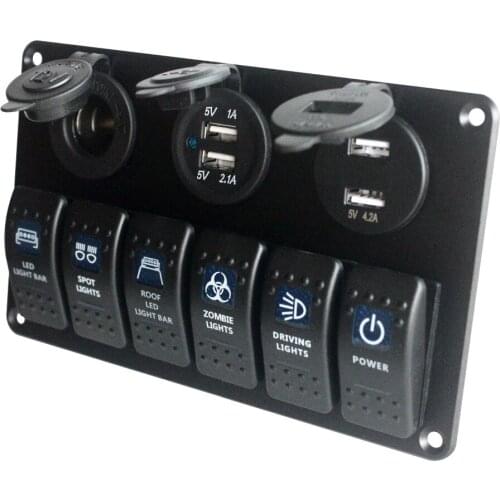 12V/24V Waterproof Car Boat Marine 6 Gang LED Rocker Switch Panel Circuit Breaker + 4 USB Ports + Voltmeter Power Charger Socket