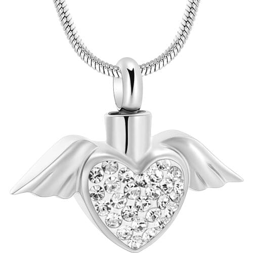 Angel Wings Heart Memorial Urn Necklace, Pink Clear Crystal Cremation Jewelry Keepsake Urn Pets Funeral Pendant For Women