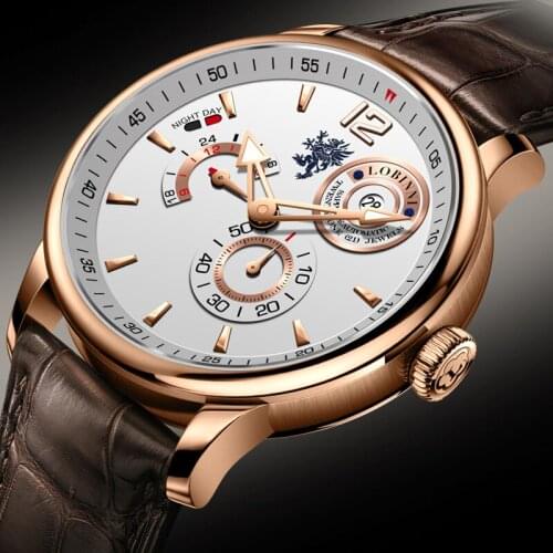 Lobinni Mens Watch Automatic Mechanical Wristwatch Rose Gold Waterproof 50M Calfskin Belt Fashion Casual Business Watches New