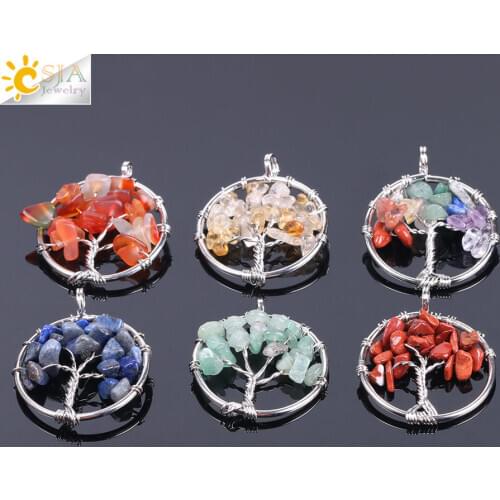 CSJA Tree of Life Necklace & Pendant Silver Color Crystal Natural Gem Stone Chip Beads 7 Chakra Wire Wrapped Women Jewelry F141