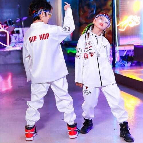 Childrens Hip Hop Clothing Boys Girls Street Dance Costume Long Sleeve White Tops Pants Loose Stage Outfit Performance Wear