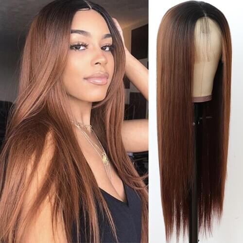 TaBeWay Long Straight Hair Ombre Brown Wig Heat Resistant Glueless Synthetic Lace Front Wigs for Fashion Women