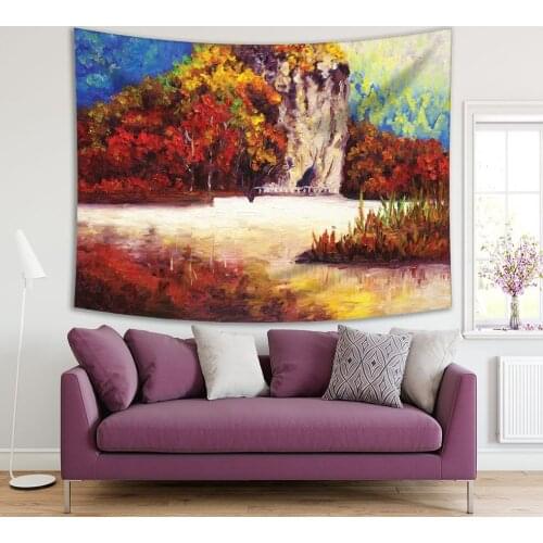 Tapestry Oil Painting Park in Autumn Trees Nature Artistic Decorating Abstract Artwork in Orange Yellow Blue Beige