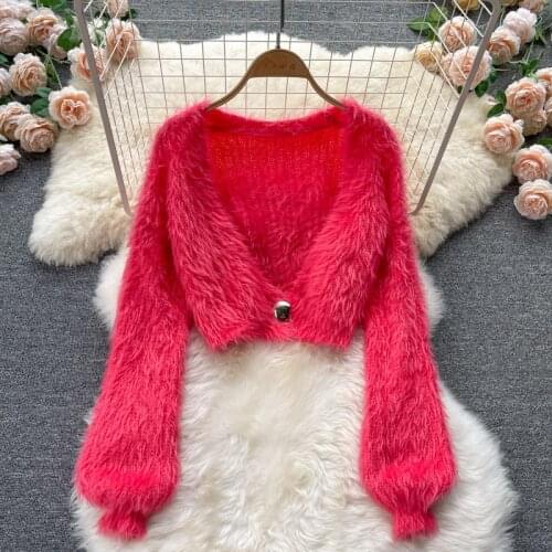 Autumn Korean Fashion Casual Short Mohair Cardigan Women Plush Sweater Coat Elegant Crop Top Femme Knitted Outwear Pull Femme