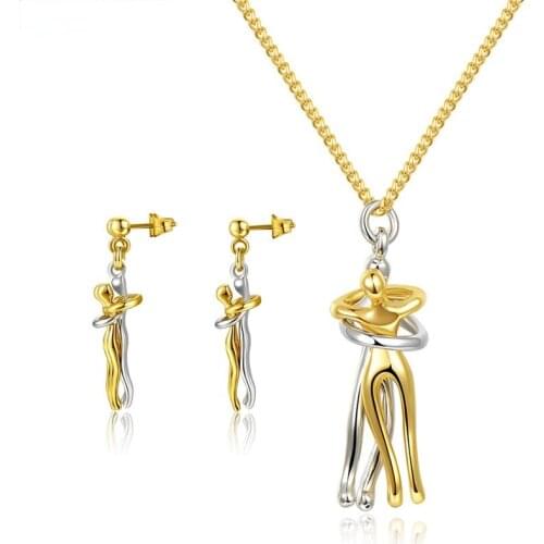 MIQIAO Gold Plated People Lover Hug Embrace Couple Matching Pendant Collar Necklace Stud Earring Jewelry Set for Women Men Gift