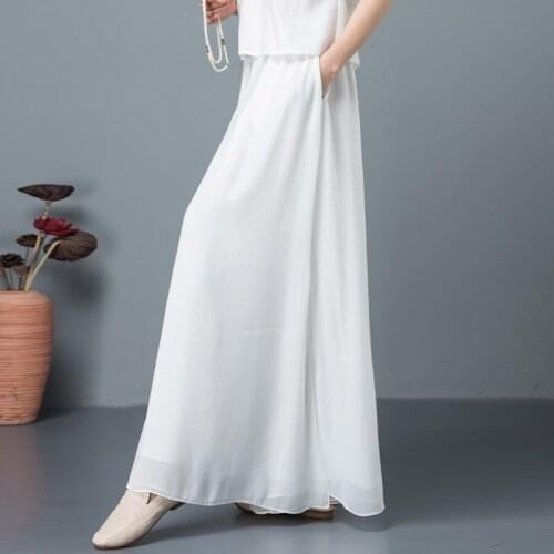 Fashion Pocket Fashionable Ice Silk Chiffon Wide Leg Pants Feeling Relaxed Versatile Large Size Slim Women