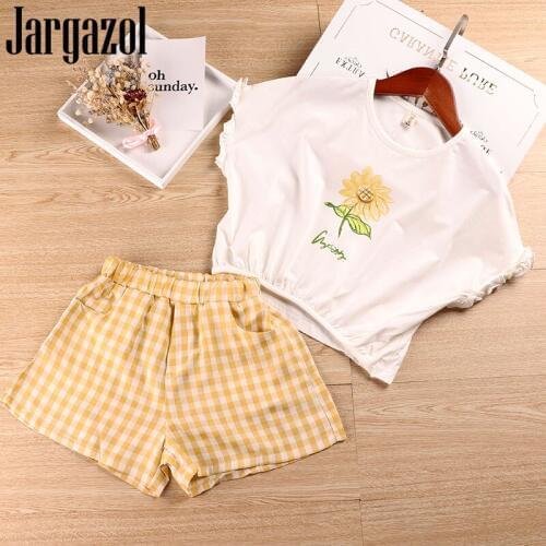Jargazol Girls Outfits Summer Loose Shirt&plaid Shorts Sunflower Printed Cute Baby Girl Clothes Kids Costume Korean Clothing Set