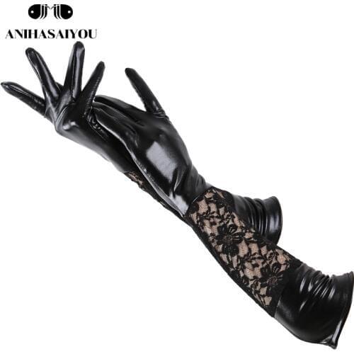 Fashion womens long gloves 1Pair lace Faux long leather gloves Black Ladies Sexy Adults Performance Party lace gloves-1302
