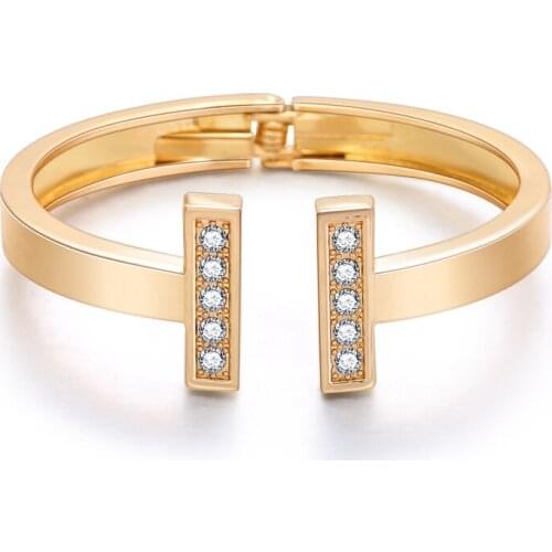 ORNAPEADIA Hot Popular Simple Fashion T-bangle Opening and Closing Spring Boutique Jewelry Gold-plated with Crystal Jewelry